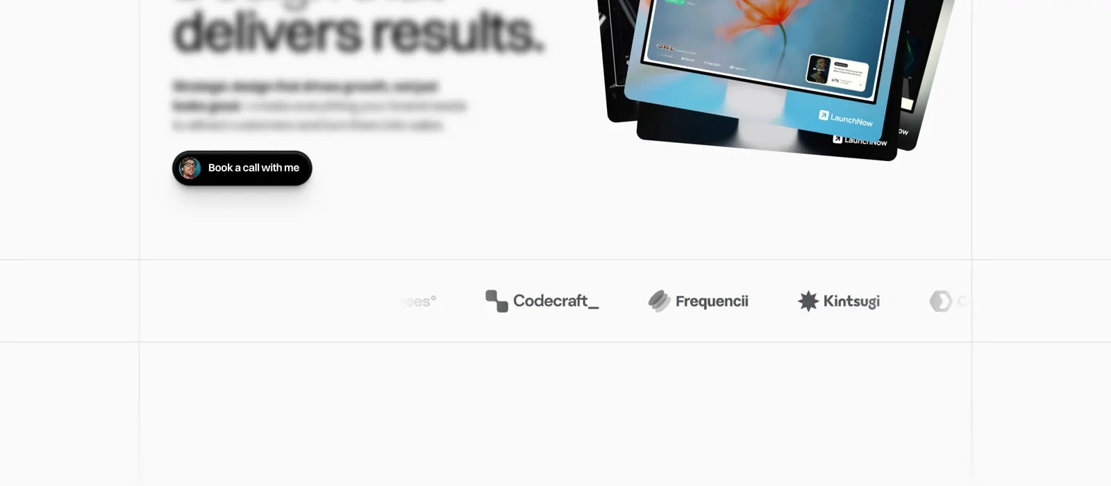 L'apertura del portfolio: titolo sui risultati, tasto Book a call, fila di clienti e loghi