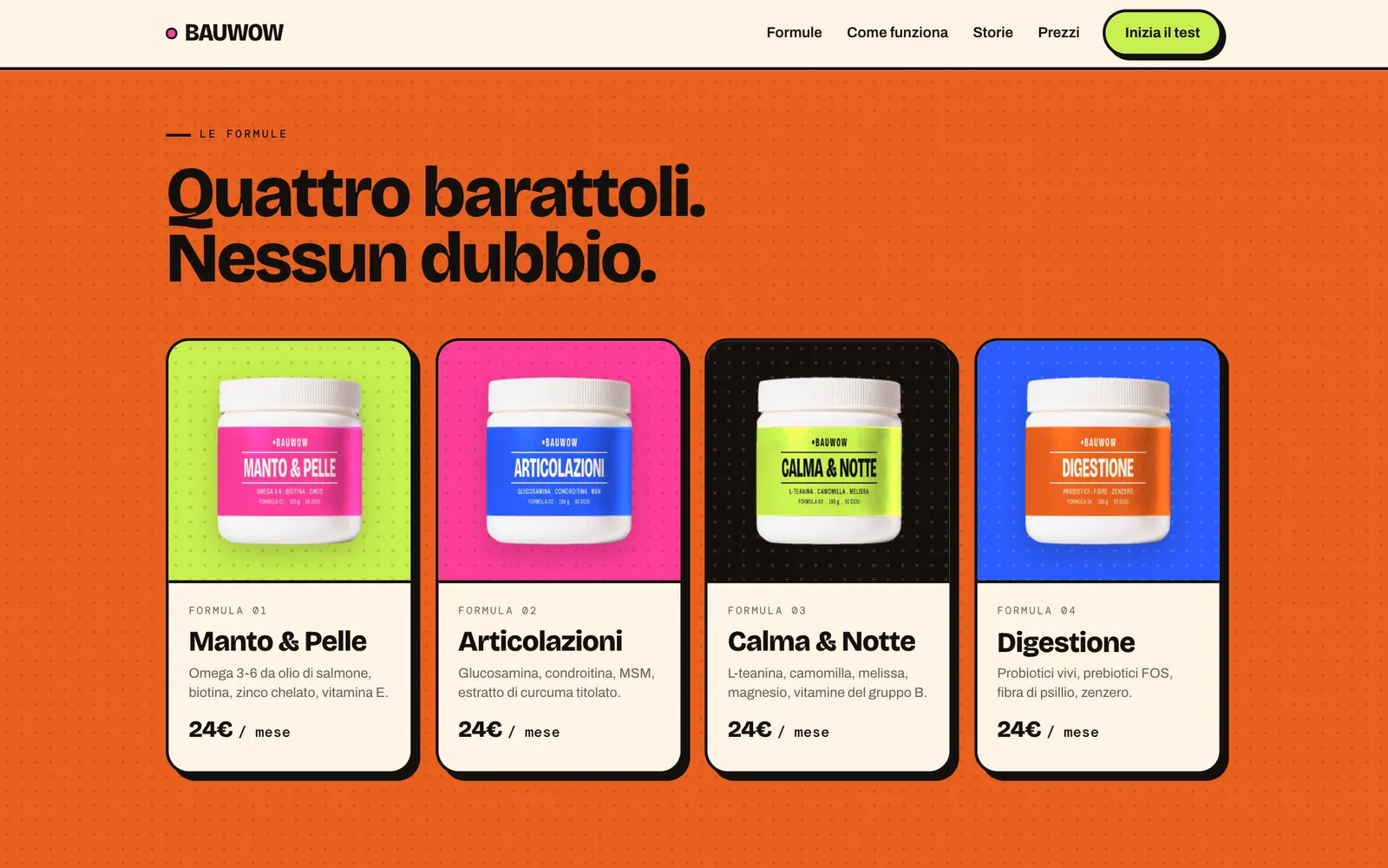 Le quattro formule su fondo arancione: quattro barattoli con etichette rosa, blu, lime e arancione