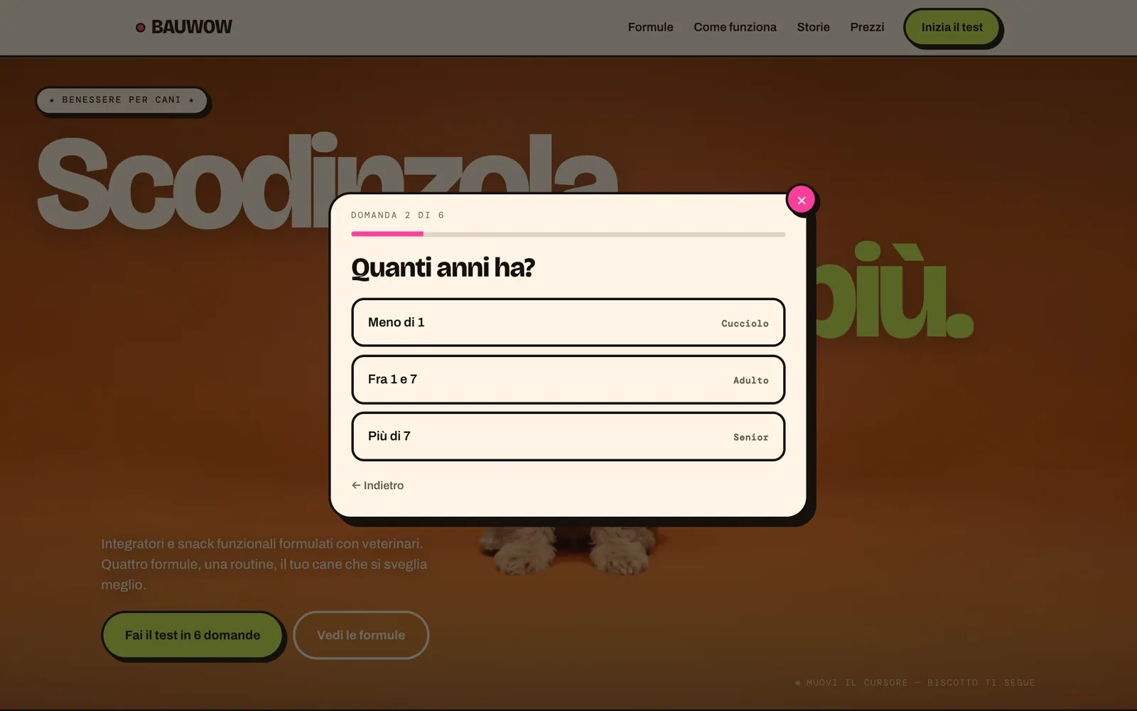 Il test aperto sopra la home: domanda 2 di 6, Quanti anni ha, tre risposte