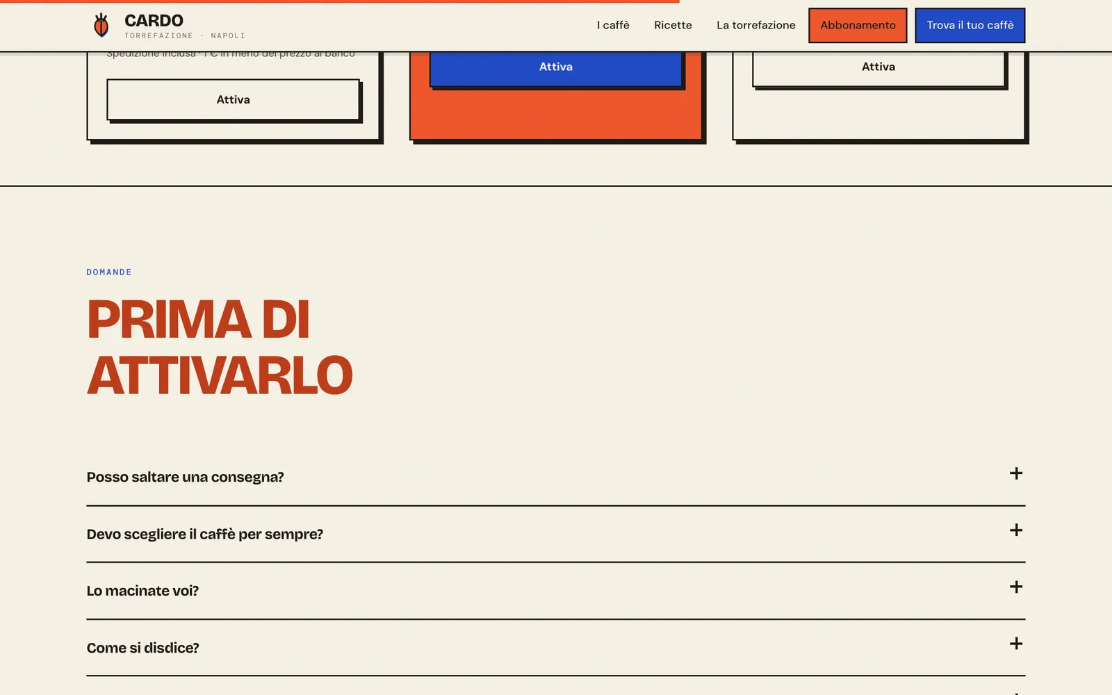 L'abbonamento: tre piani, Una moka al giorno, Due al giorno e Il giro completo, con prezzo e spedizione inclusa, e le domande prima di attivarlo