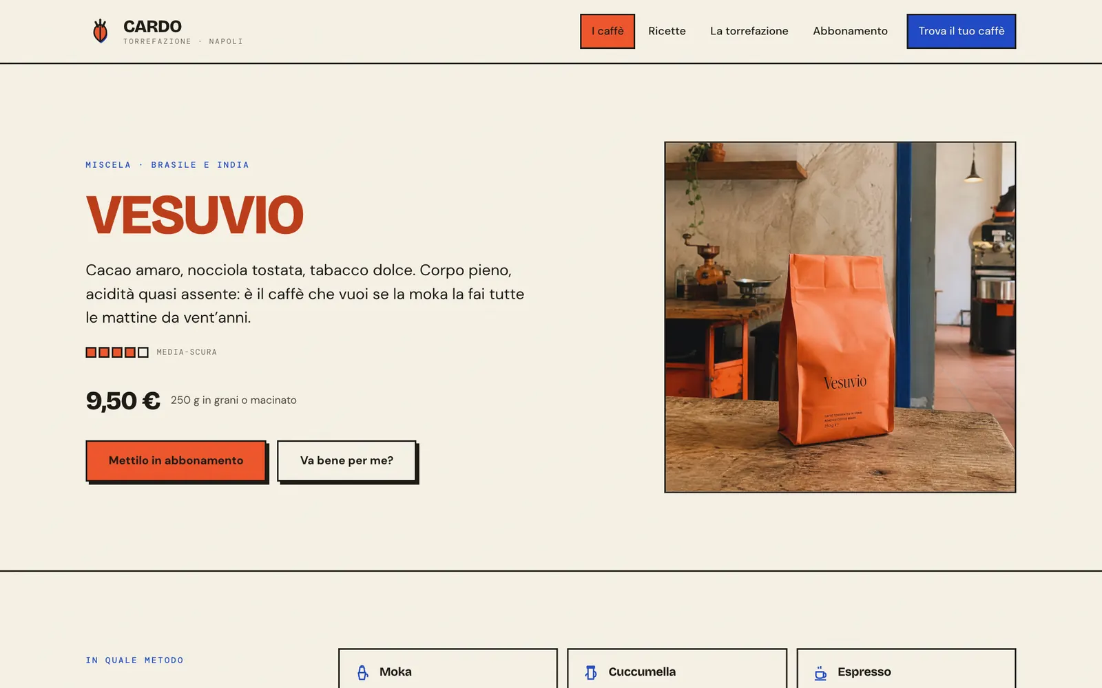La scheda del Vesuvio: nome, origine, note, tostatura, prezzo, i tasti per l'abbonamento e Va bene per me, la foto del sacchetto e i sei metodi con i pallini