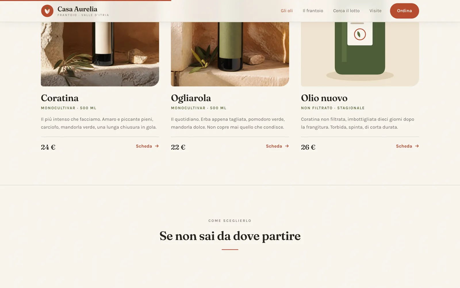 Gli oli: le tre bottiglie Coratina, Ogliarola e Olio nuovo nelle nicchie di pietra, con descrizione, prezzo e Scheda