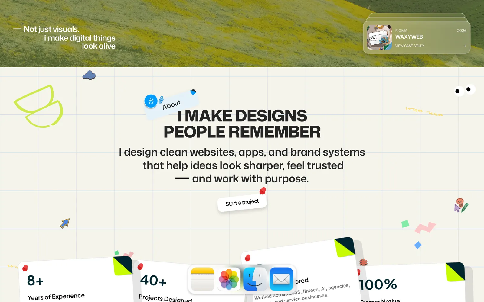 La sezione I make designs people remember con i post-it dei numeri: 8+ anni, 40+ progetti, 12+ settori, 100% Framer