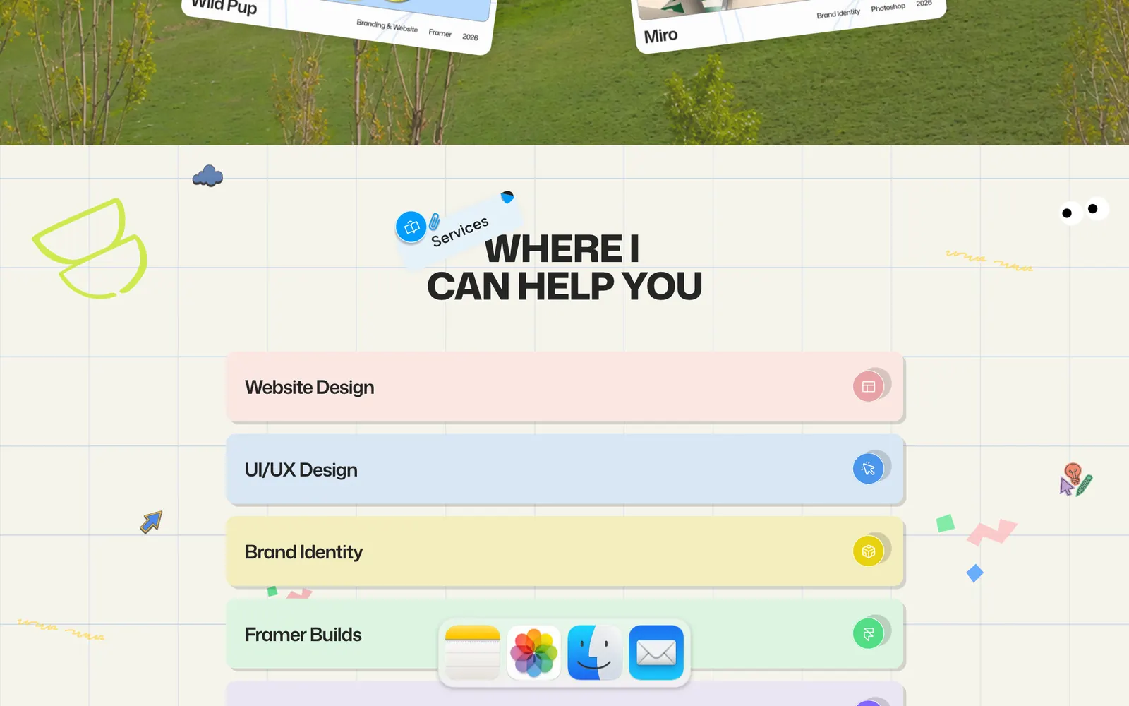 Where I can help you: cinque righe colorate, website design, UI/UX, brand identity, Framer builds, AI exploration