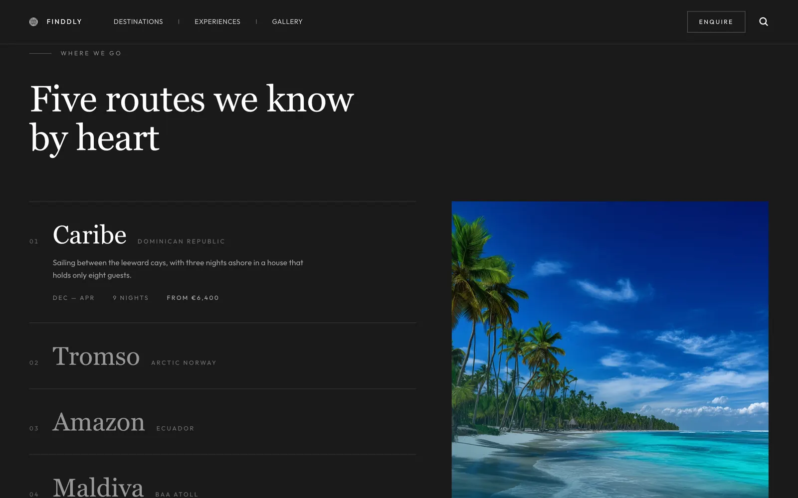 Five routes we know by heart: la lista delle cinque rotte a sinistra con Caribe aperta e la foto grande a destra