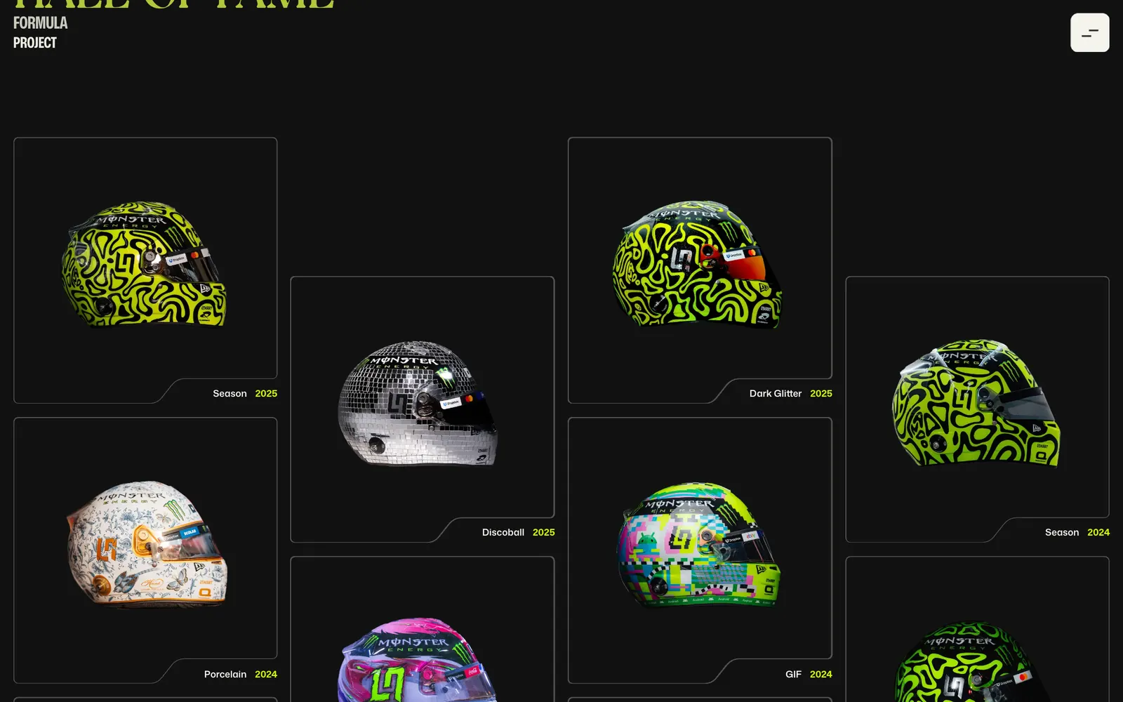 La galleria dei caschi su fondo nero: una griglia di celle con un casco ciascuna, nome e anno, dal 2025 al 2019