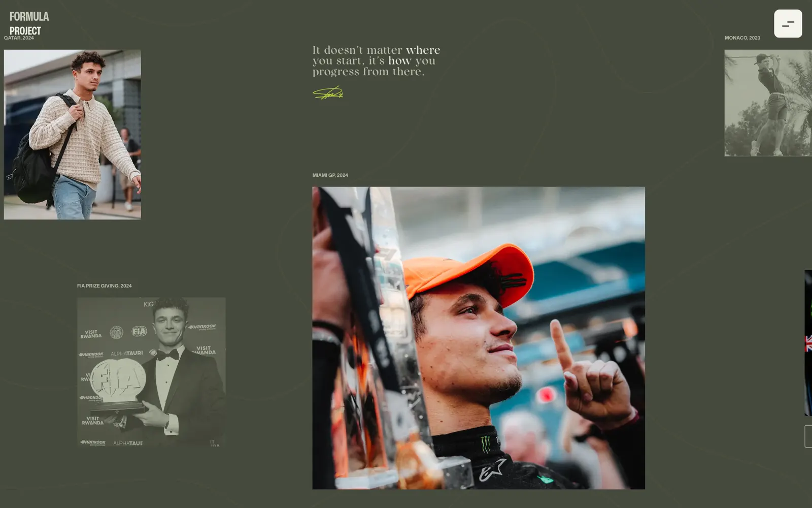 La corsa orizzontale: foto dai box e dalle premiazioni disposte su un nastro che scorre di lato, con le didascalie in corsivo e il fondo verde scuro