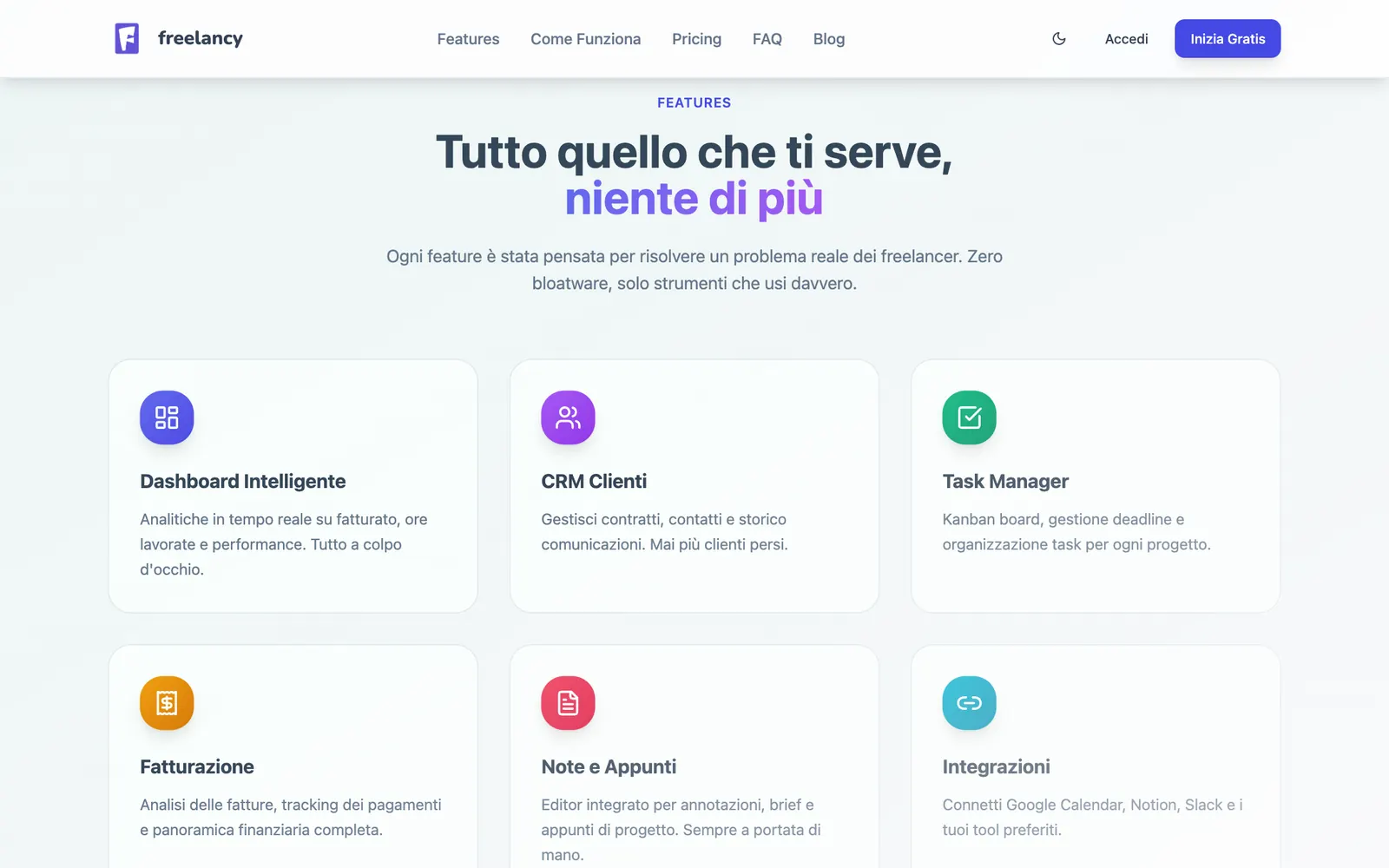 La griglia delle funzioni: dashboard intelligente, CRM clienti, task manager, fatturazione, note e appunti, integrazioni
