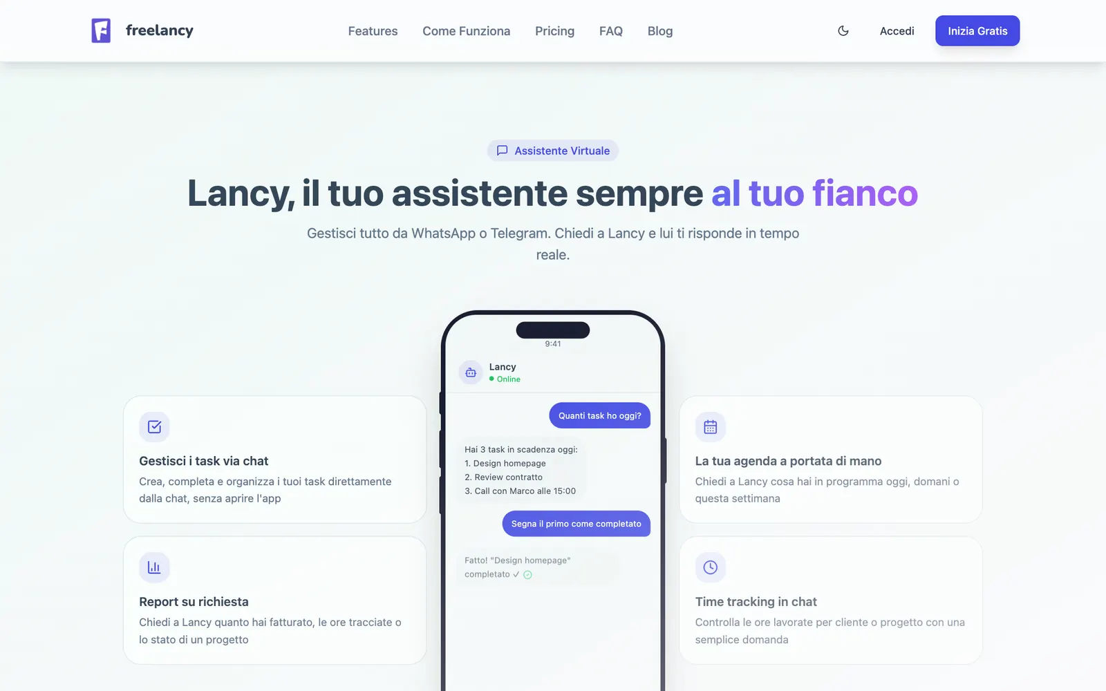 Lancy, l'assistente: un telefono con la chat al centro e quattro schede intorno su task, agenda, report e time tracking