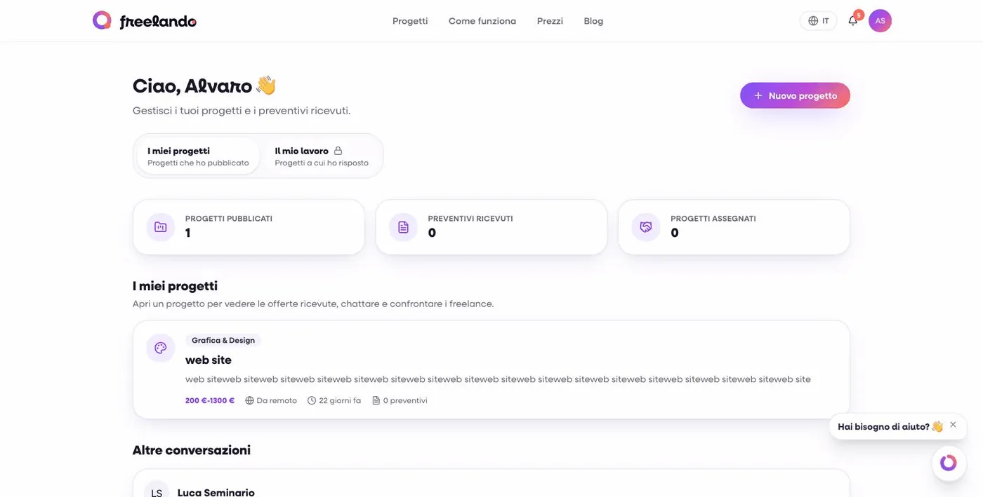 La dashboard del cliente: progetti pubblicati, preventivi ricevuti, progetti assegnati, i miei progetti e le conversazioni