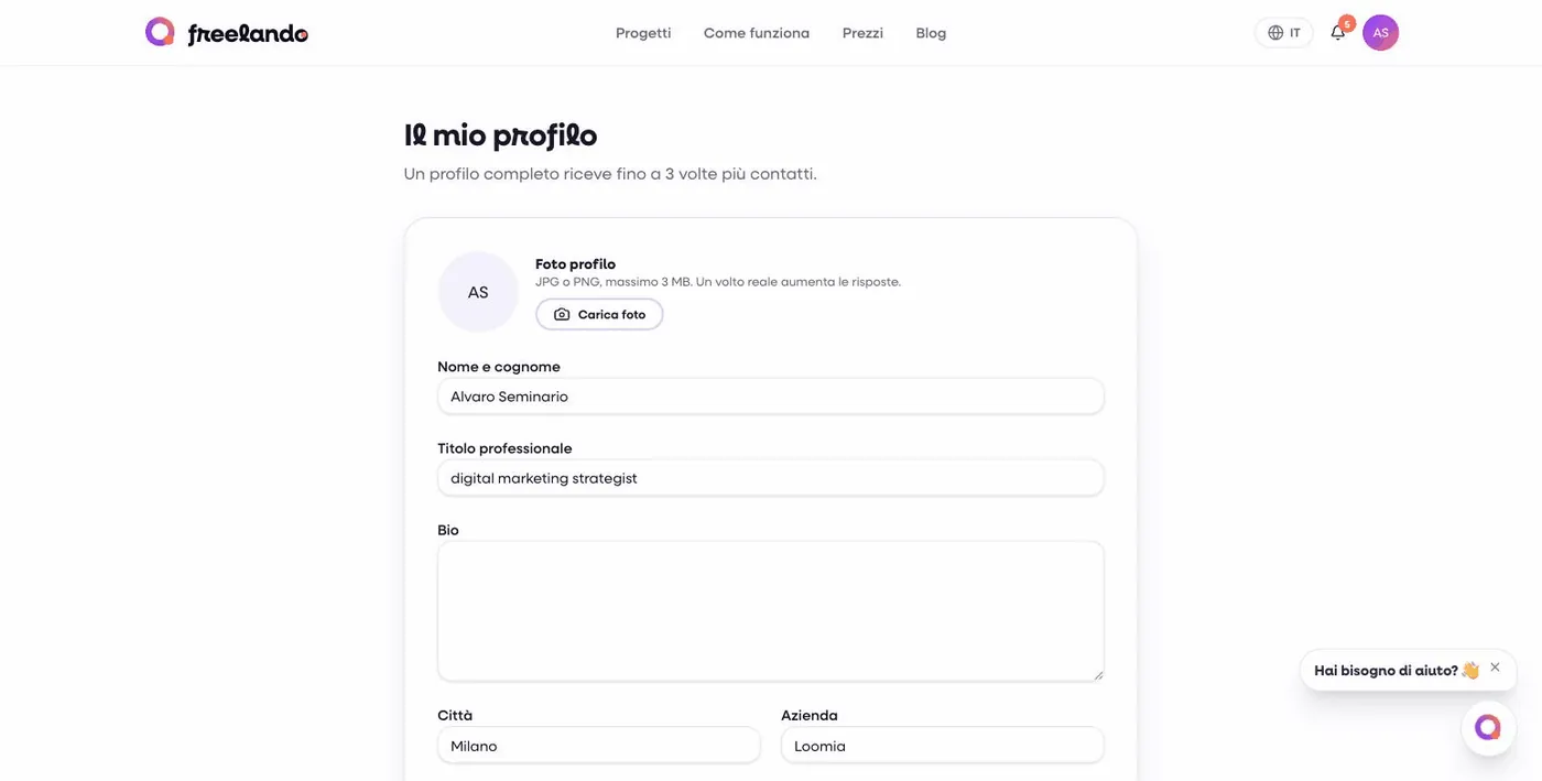 Il profilo: foto, nome, titolo professionale, bio, citt&agrave; e azienda