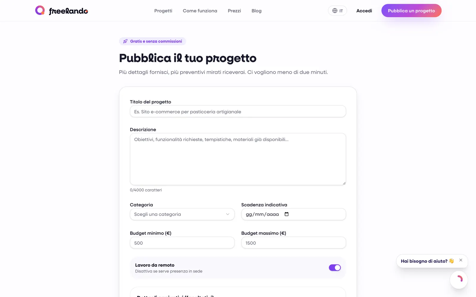 Il modulo Pubblica il tuo progetto: titolo, descrizione, categoria, scadenza, budget, lavoro da remoto