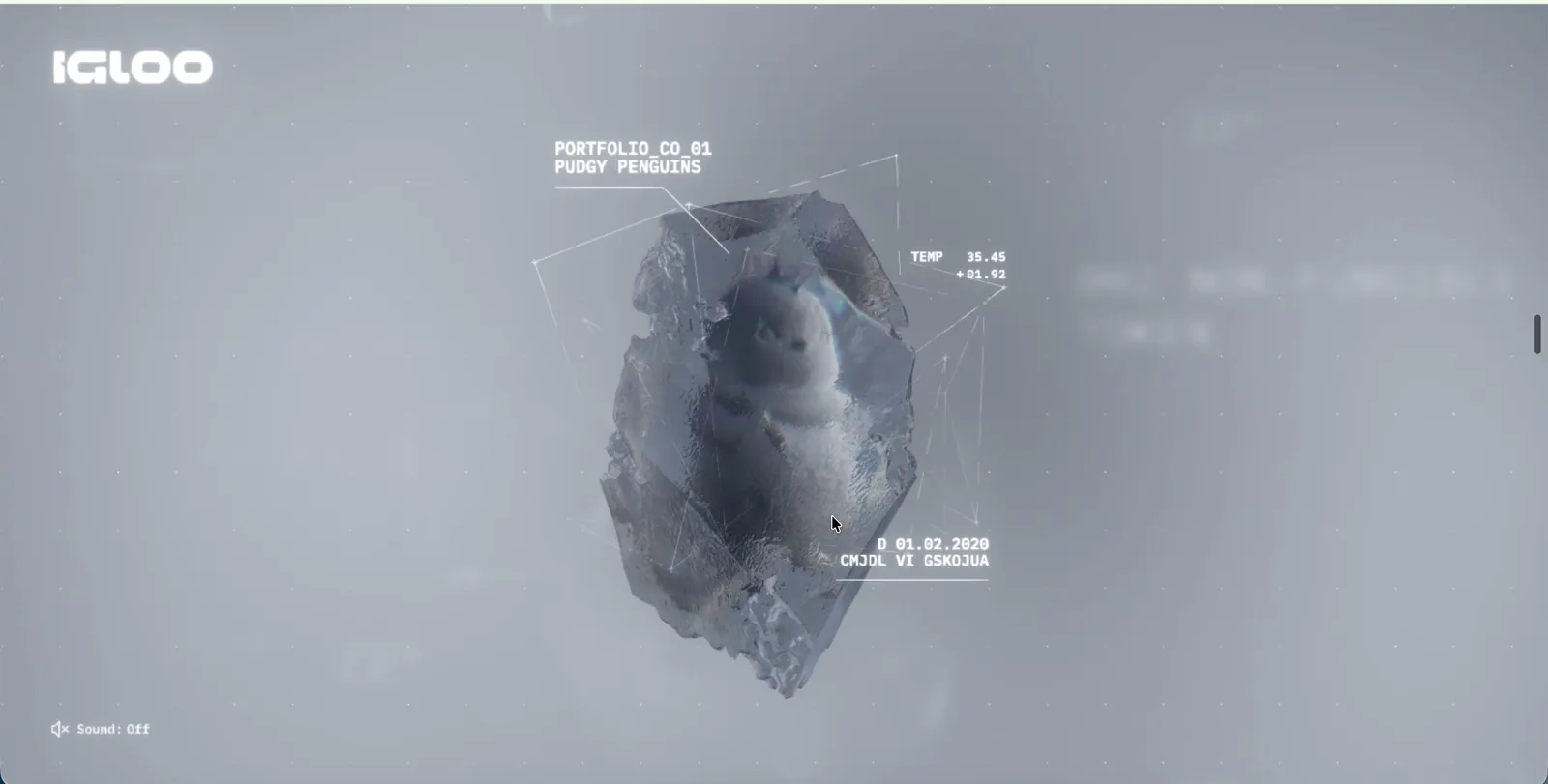 Un frammento di ghiaccio sospeso nella nebbia con le etichette PORTFOLIO_CO_01 e i dati tecnici intorno