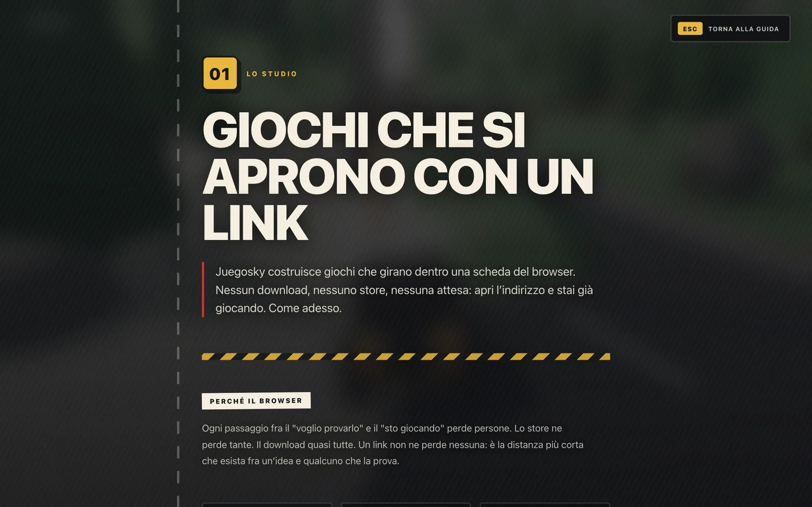 La pagina Chi siamo aperta sopra la scena: 01 Lo studio, il titolo Giochi che si aprono con un link, il testo e i numeri 0 download, 3 secondi, 100% da mobile; in alto Esc torna alla guida
