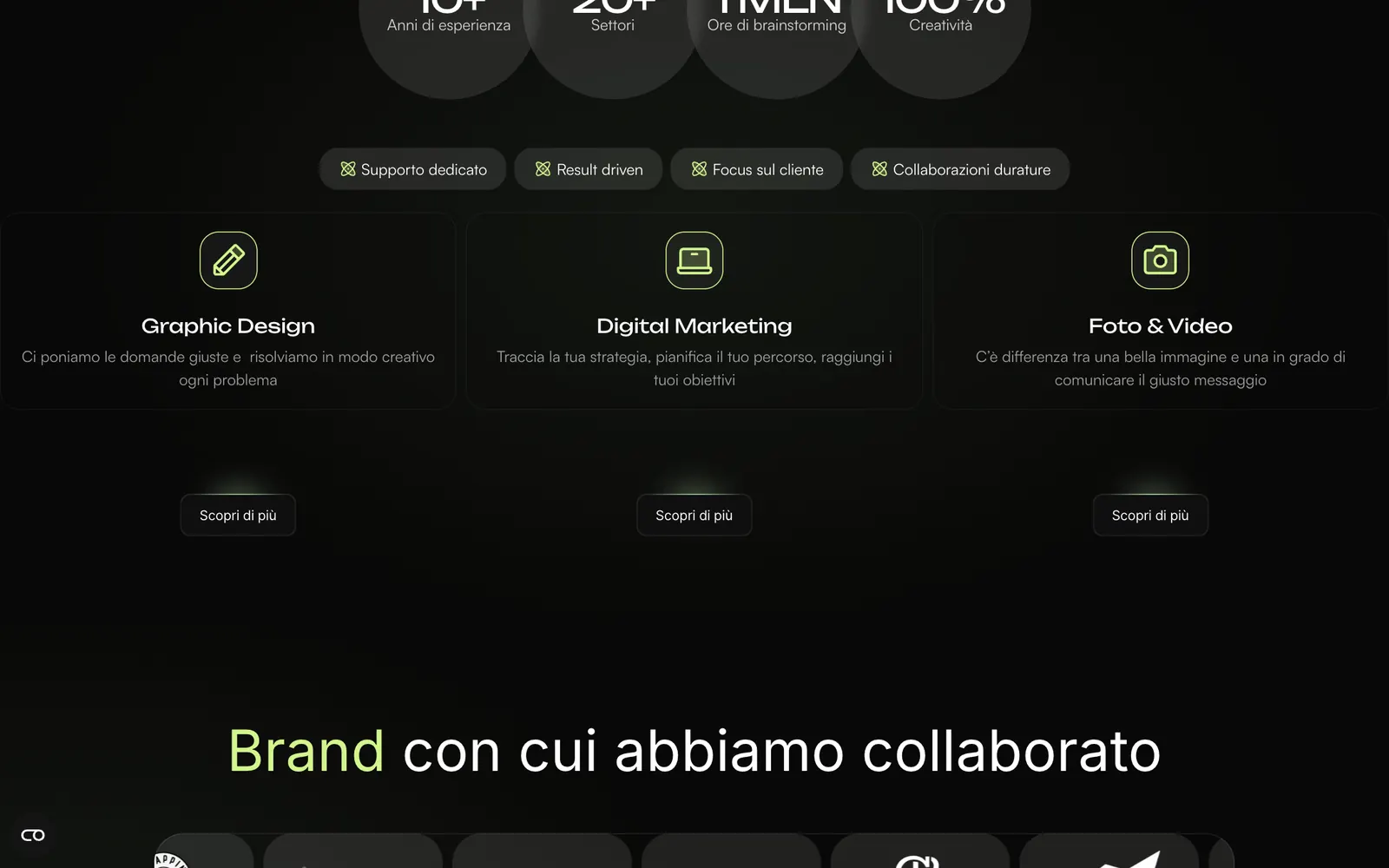 I tre servizi in card di vetro: Graphic Design, Digital Marketing, Foto e Video, con icona, descrizione e Scopri di più
