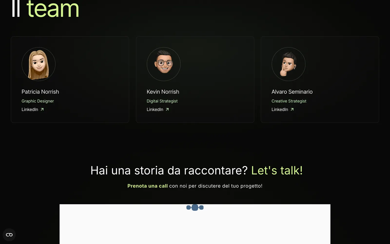 Il team: tre card con le memoji di Patricia, Kevin e Alvaro, ruolo e link LinkedIn; sotto, Hai una storia da raccontare, Let's talk, e il calendario Calendly
