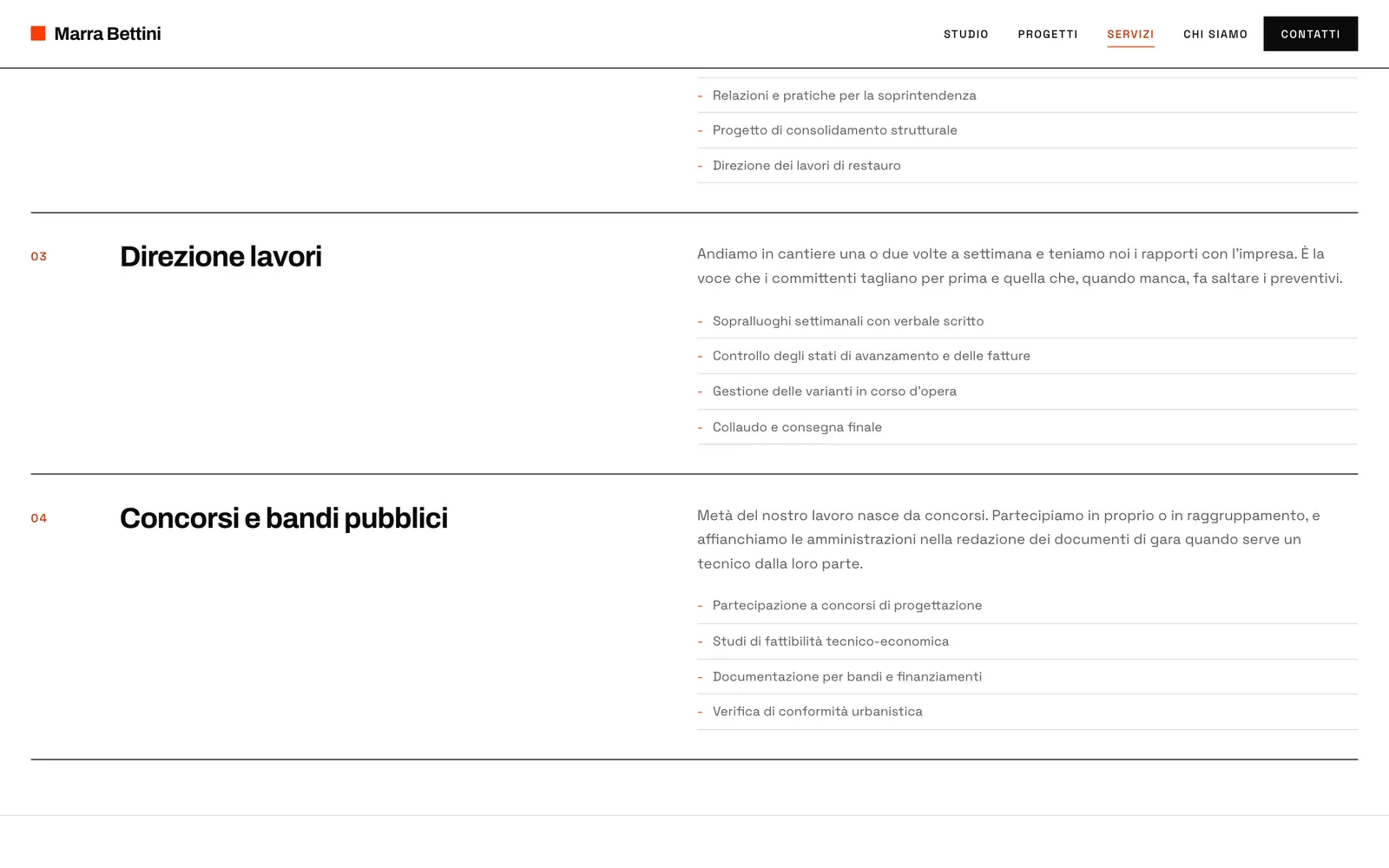 La pagina Servizi: la lista numerata con Progettazione architettonica, Restauro e vincoli, Direzione lavori, Concorsi e bandi pubblici, ognuno con la descrizione e le voci