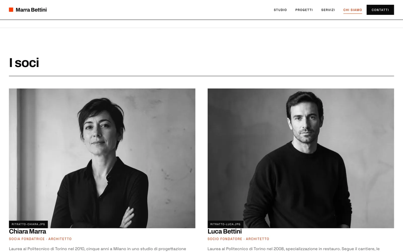 La pagina Chi siamo: i due soci fondatori con le foto in bianco e nero, nome, ruolo e formazione