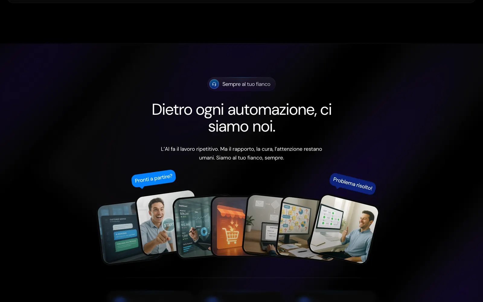 La sezione Dietro ogni automazione, ci siamo noi: un ventaglio di telefoni con le foto del team e le etichette dei ruoli