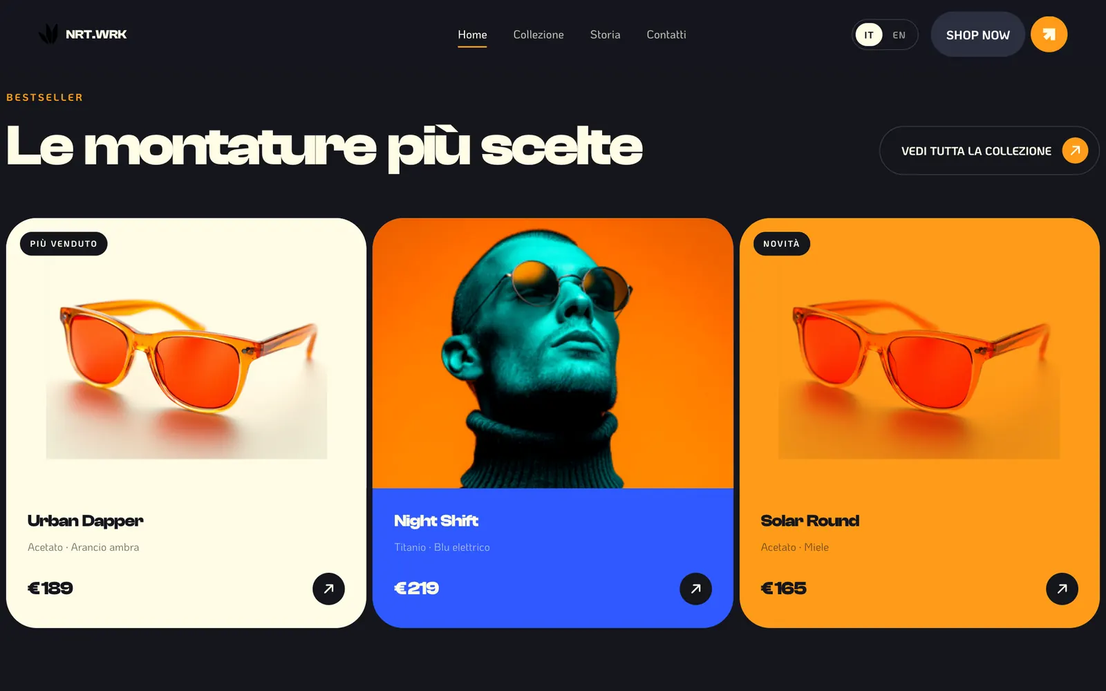 Le montature pi&ugrave; scelte: tre card con occhiali su fondo panna, blu e arancio