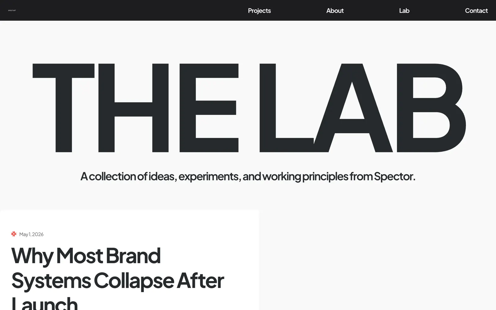 The Lab: una raccolta di articoli con titoli come Why most brand systems collapse after launch