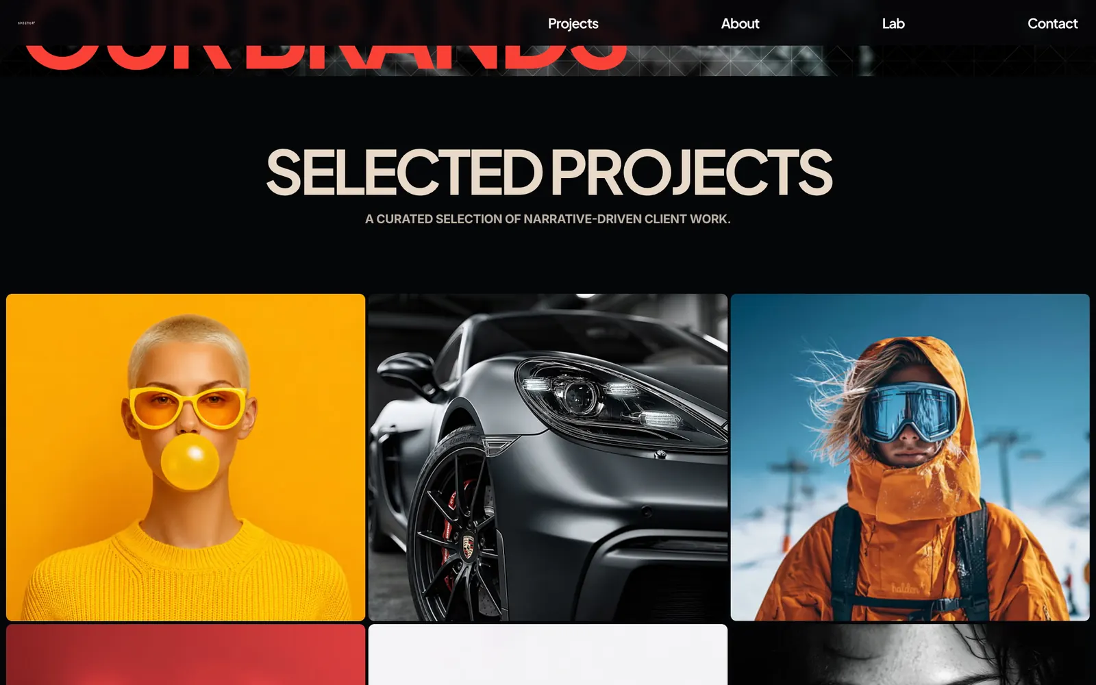 Selected projects: una griglia di tre immagini grandi, il ritratto con gli occhiali arancioni, la Porsche nera, la sciatrice