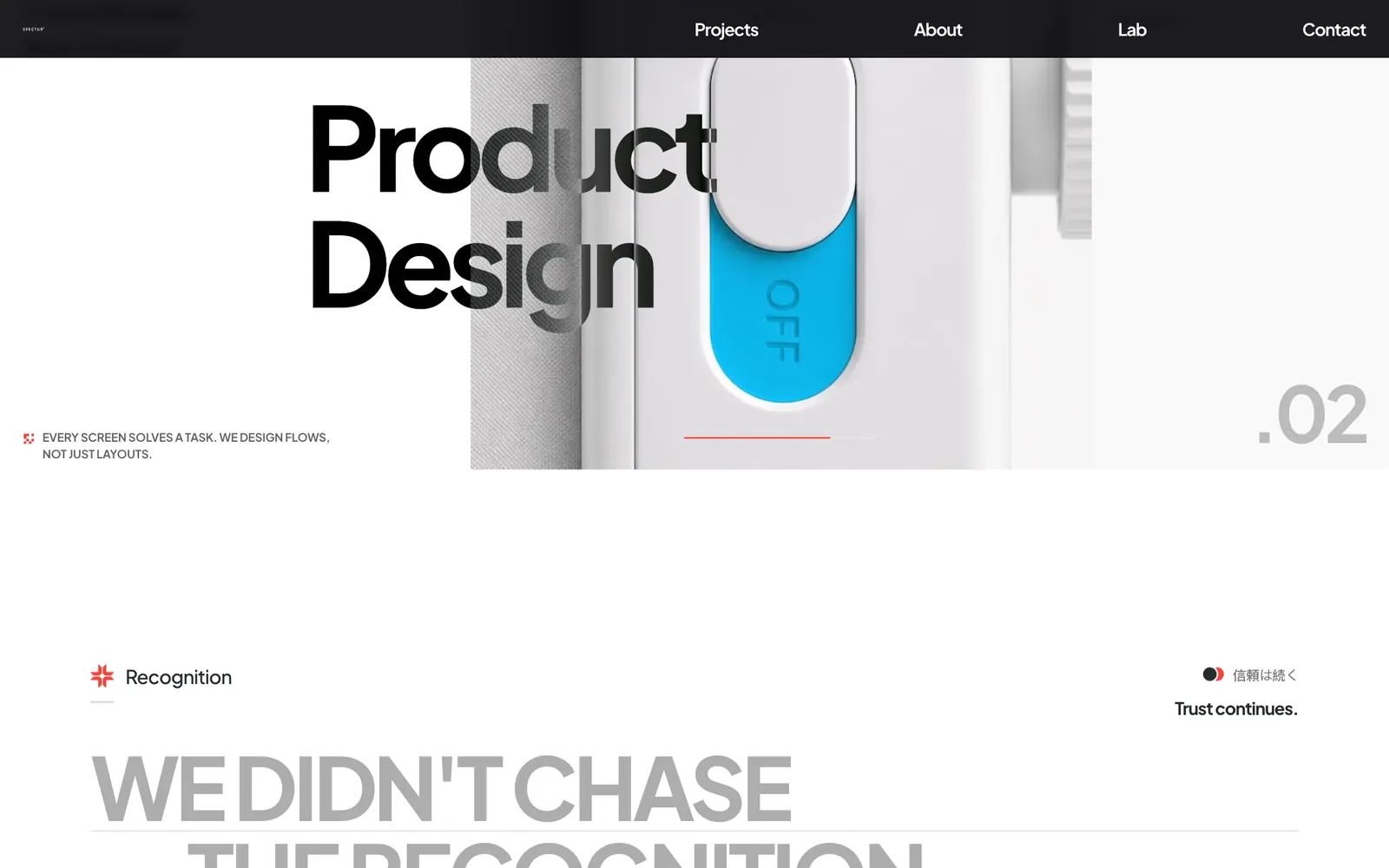 La sezione Product Design .02 con l'immagine dell'interruttore azzurro e l'elenco dei servizi