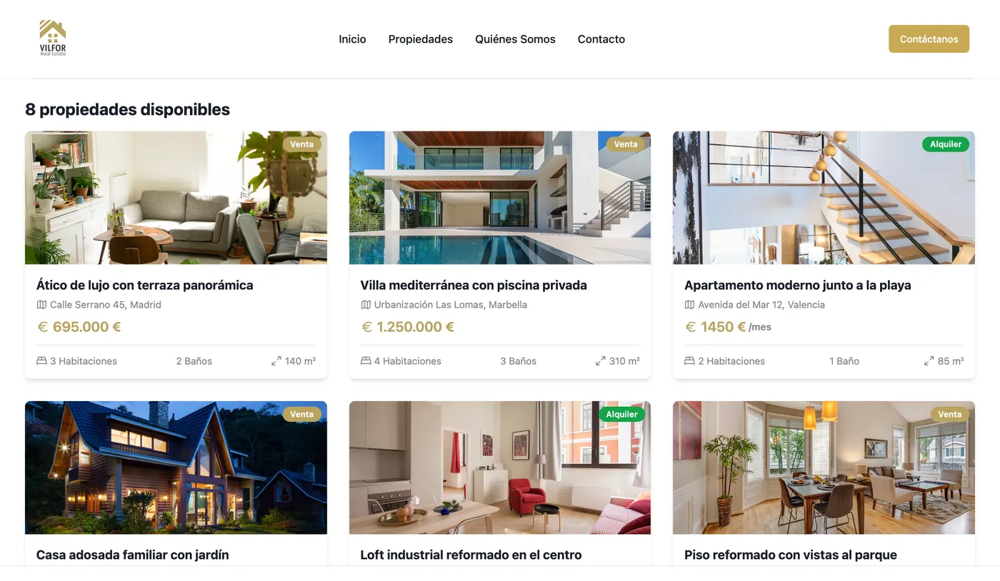 La pagina Propiedades con la lista degli annunci: otto proprietà disponibili con foto, etichetta, prezzo, stanze, bagni e metri