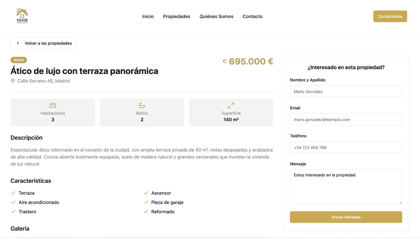 La scheda dell'attico a Madrid: prezzo, tre numeri, descrizione, caratteristiche e il modulo di interesse a destra