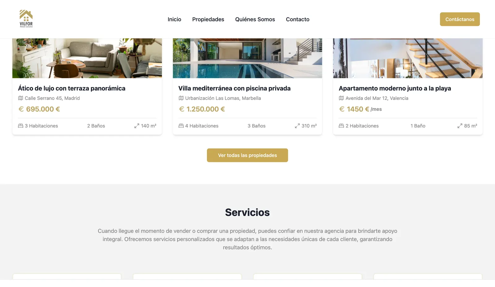 La pagina Propiedades: i filtri per zona, tipo di immobile e contratto, e la griglia con otto annunci con foto, prezzo e dati