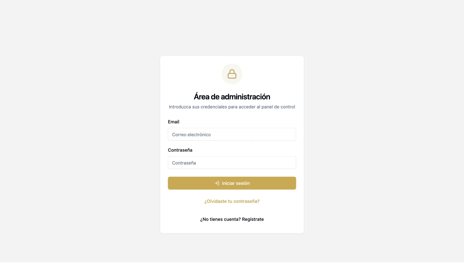 La porta dell'area di amministrazione: email, password, Iniciar sesión, password dimenticata