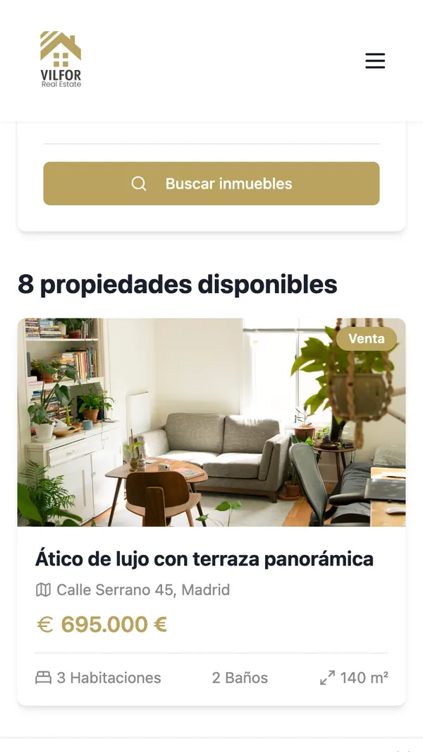 La ricerca da telefono: il tasto Buscar inmuebles e la lista